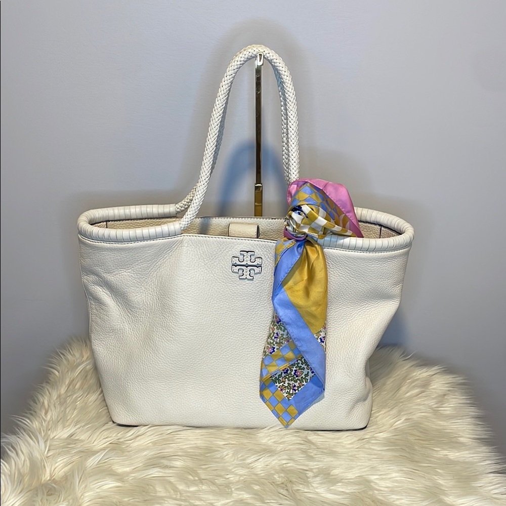 Tory Burch White Structured Tote with Silk Scarf